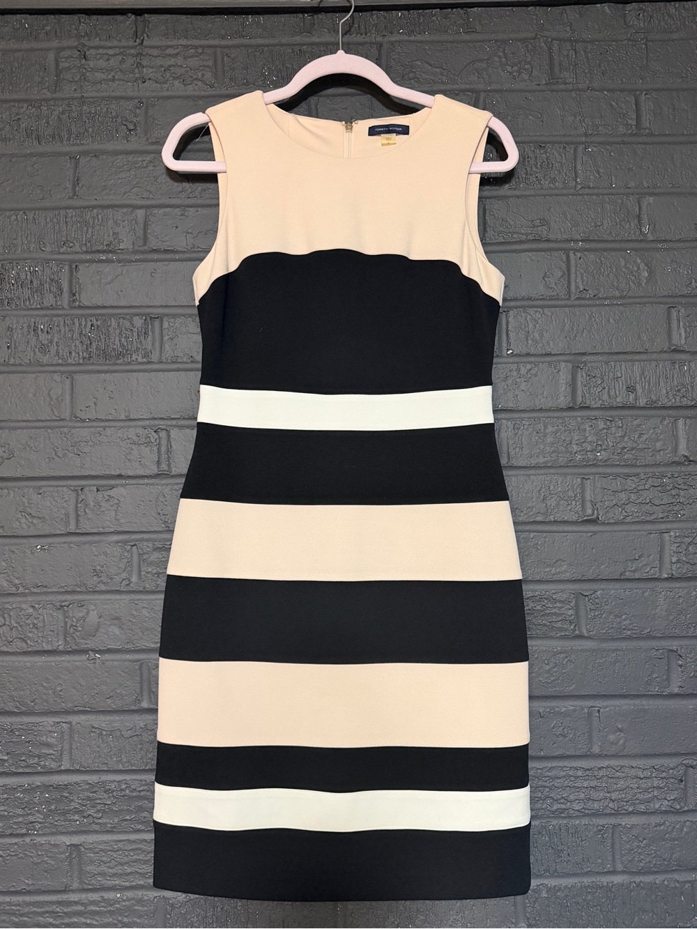 Tommy Hilfiger Black, Pink & Cream Striped Sleeveless Sheath Dress - As Is